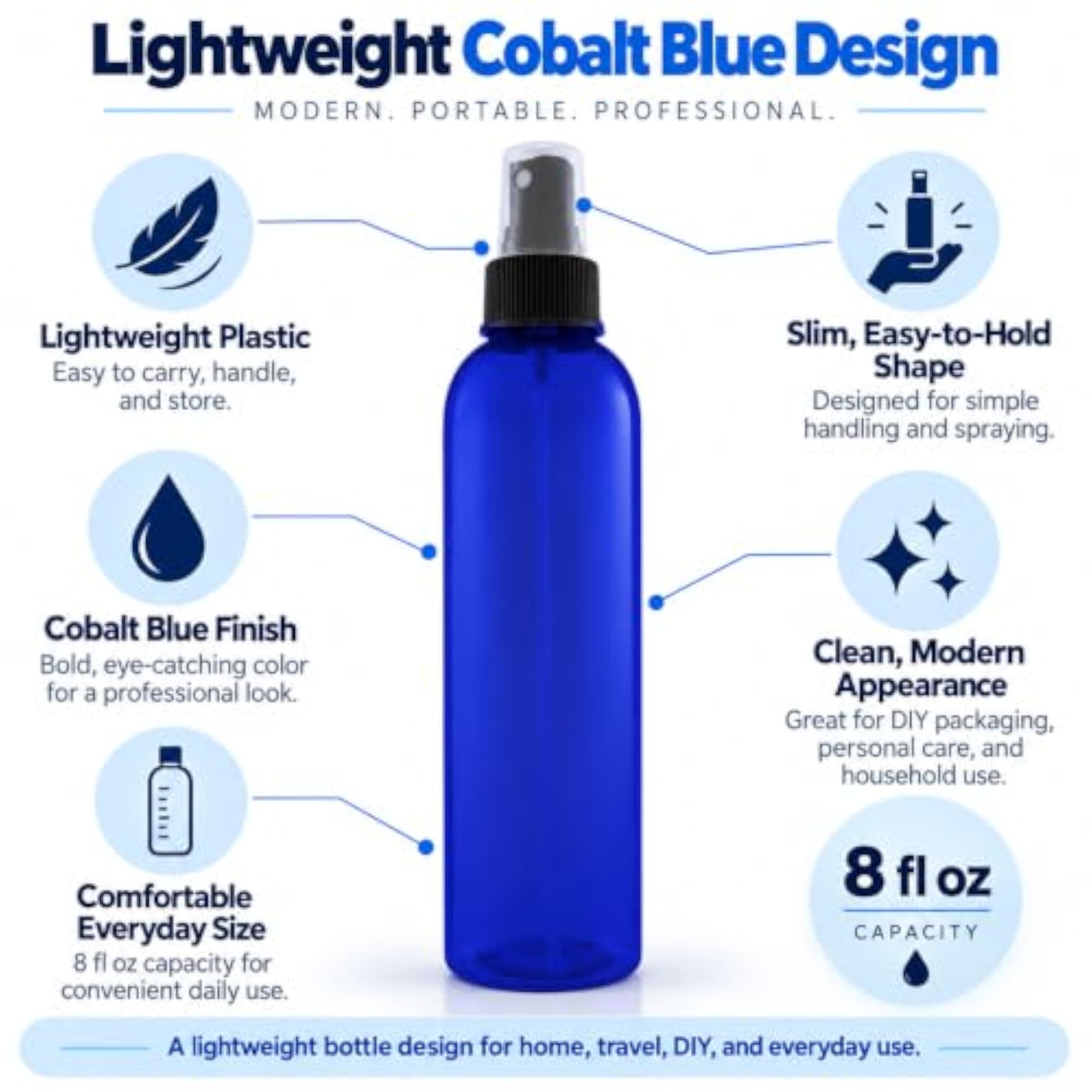 Cobalt Blue Plastic Spray Bottle with Black Cap, 8 fl oz